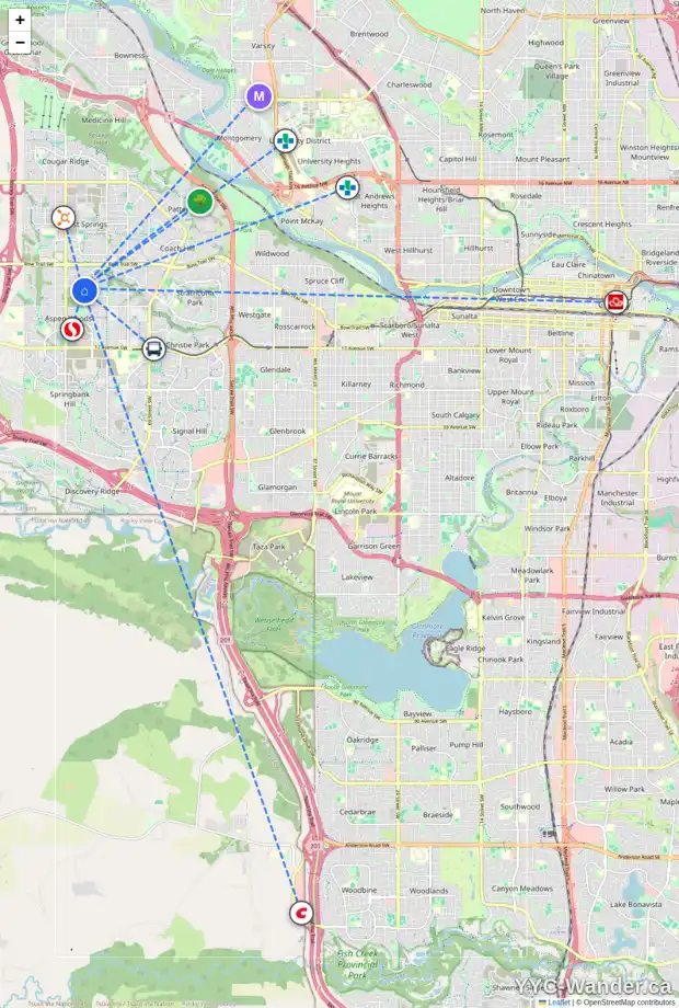 Daily accessibility map for 65 ASPEN SUMMIT CI SW, Calgary showing nearby schools, grocery stores, parks, LRT stations and nearby amenities