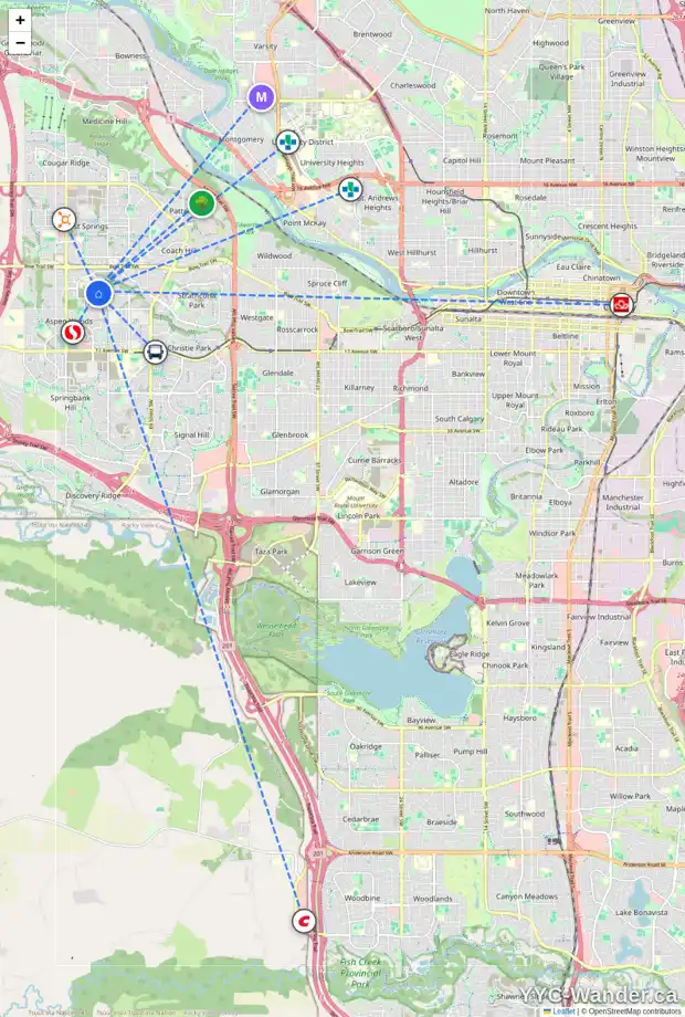 Daily accessibility map for 133 ASPEN SUMMIT CI SW, Calgary showing nearby schools, grocery stores, parks, LRT stations and nearby amenities