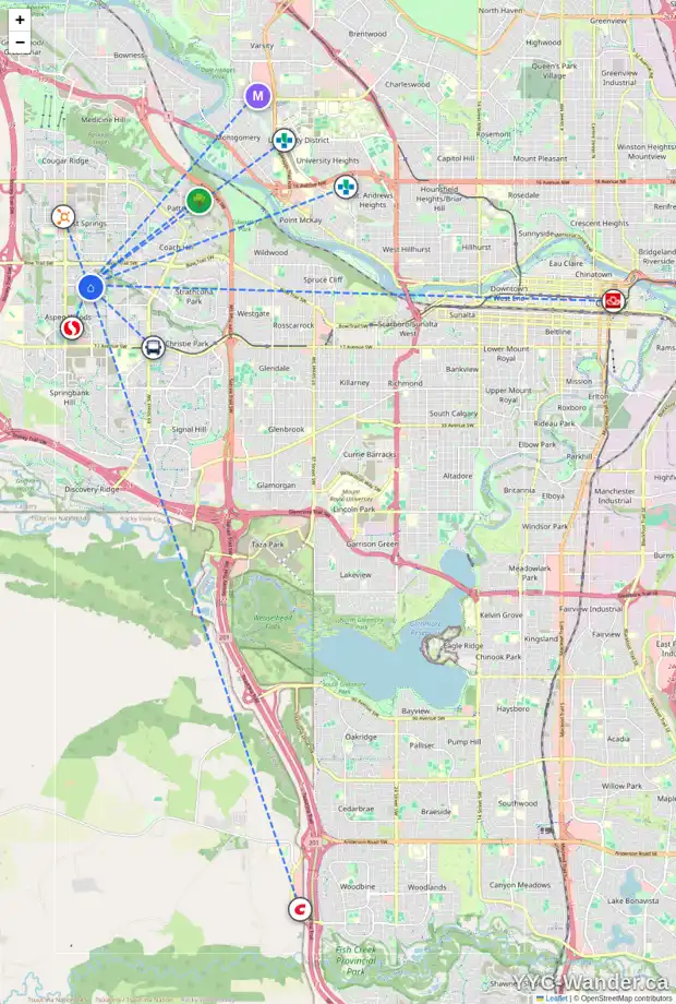Daily accessibility map for 216 ASPEN SUMMIT BA SW, Calgary showing nearby schools, grocery stores, parks, LRT stations and nearby amenities