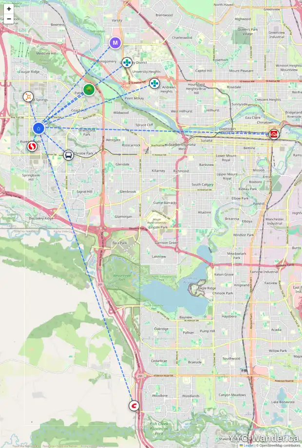 Daily accessibility map for 115 ASPEN SUMMIT BA SW, Calgary showing nearby schools, grocery stores, parks, LRT stations and nearby amenities