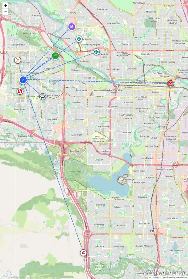 Daily accessibility map for 107 ASPEN SUMMIT BA SW, Calgary showing nearby schools, grocery stores, parks, LRT stations and nearby amenities
