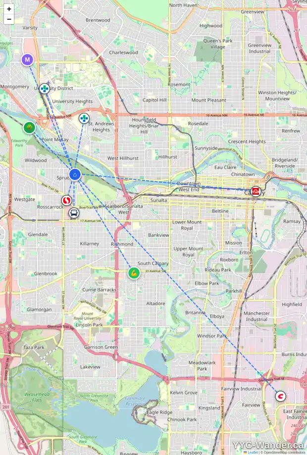 Daily accessibility map for 3509 SPRUCE DR SW, Calgary showing nearby schools, grocery stores, parks, LRT stations and nearby amenities