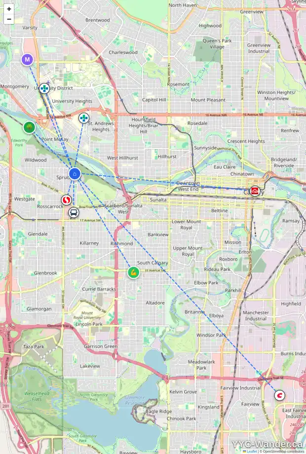 Daily accessibility map for 3511 SPRUCE DR SW, Calgary showing nearby schools, grocery stores, parks, LRT stations and nearby amenities