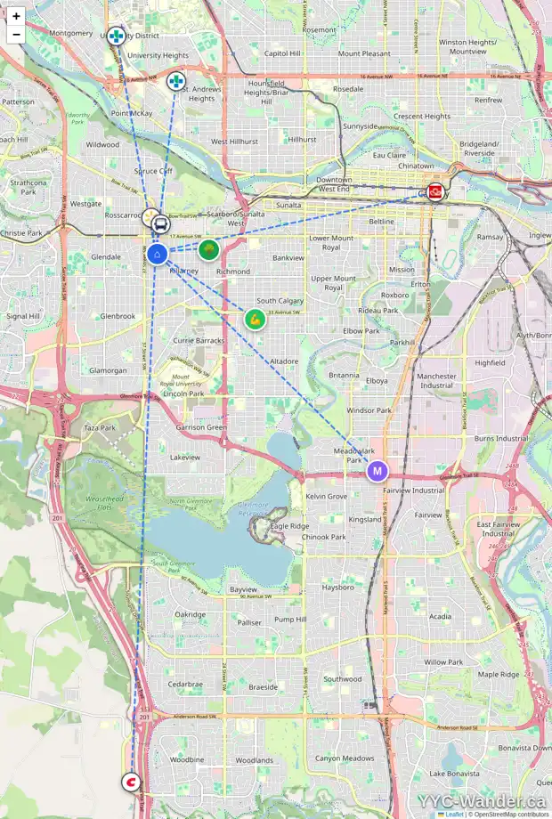 Daily accessibility map for 2036 35 ST SW, Calgary showing nearby schools, grocery stores, parks, LRT stations and nearby amenities