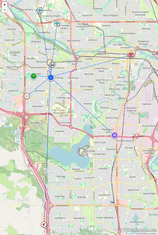 Daily accessibility map for 2431 35 ST SW, Calgary showing nearby schools, grocery stores, parks, LRT stations and nearby amenities