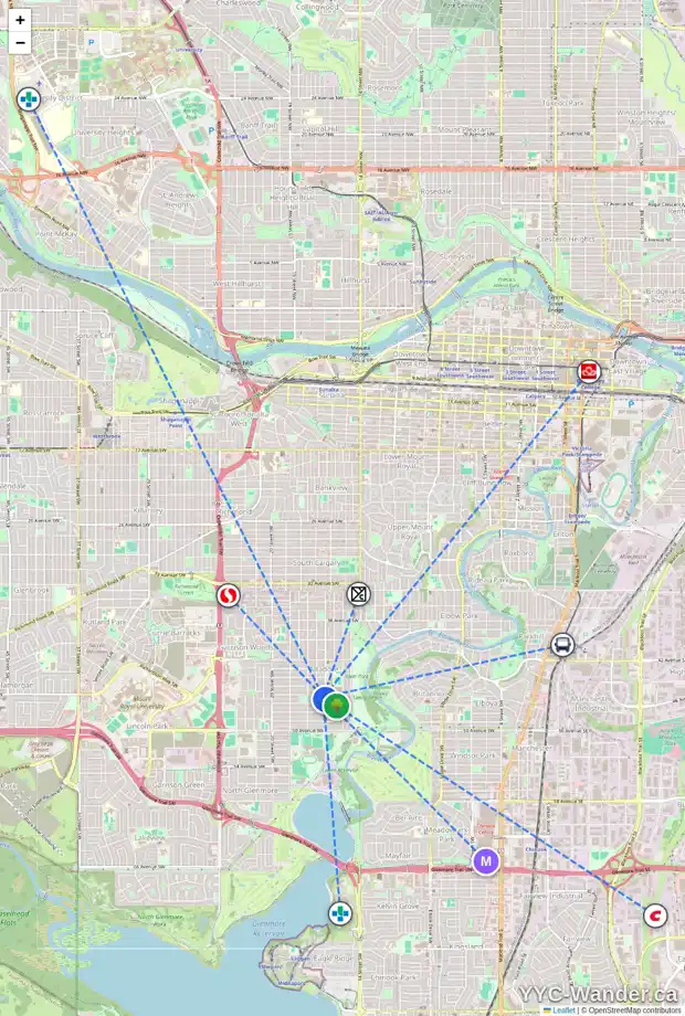Daily accessibility map for 1701 46 AV SW, Calgary showing nearby schools, grocery stores, parks, LRT stations and nearby amenities