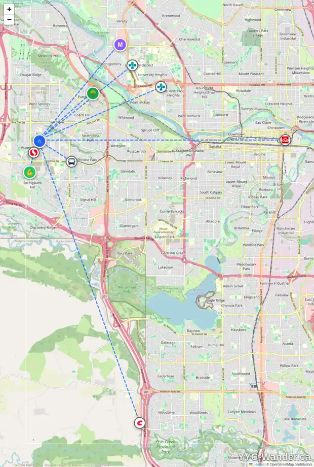 Daily accessibility map for 7 ASPEN SUMMIT CO SW, Calgary showing nearby schools, grocery stores, parks, LRT stations and nearby amenities