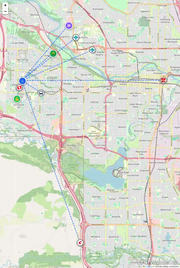 Daily accessibility map for 11 ASPEN SUMMIT CO SW, Calgary showing nearby schools, grocery stores, parks, LRT stations and nearby amenities