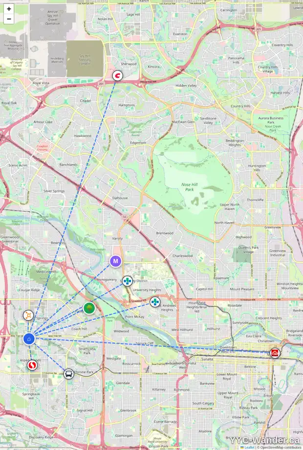 Daily accessibility map for 243 ASPEN ACRES MR SW, Calgary showing nearby schools, grocery stores, parks, LRT stations and nearby amenities