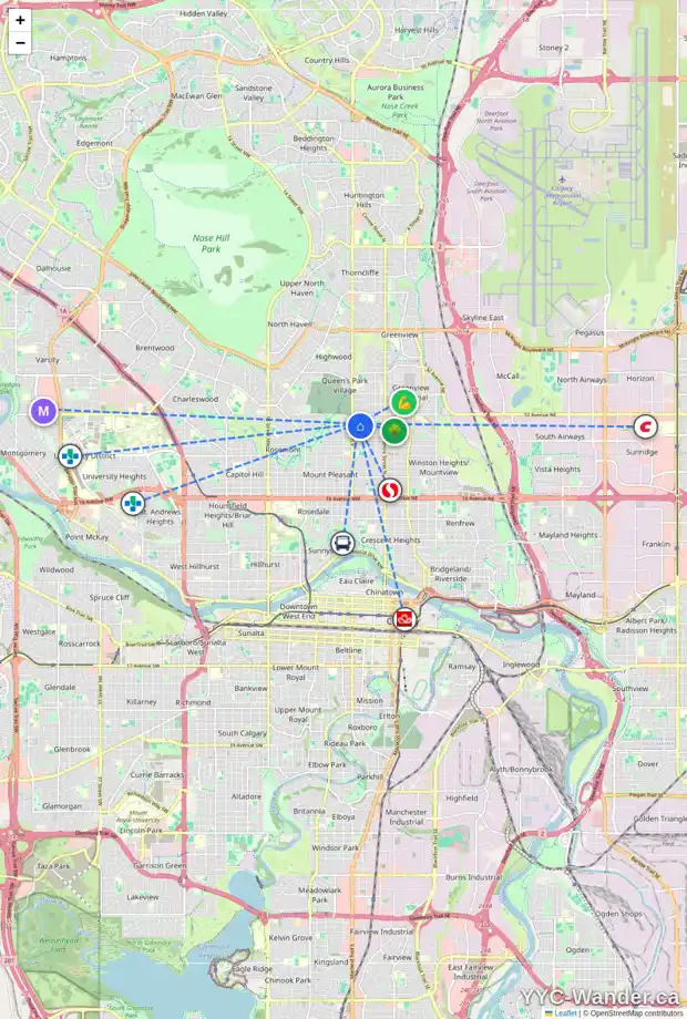 Daily accessibility map for 442 30 AV NW, Calgary showing nearby schools, grocery stores, parks, LRT stations and nearby amenities