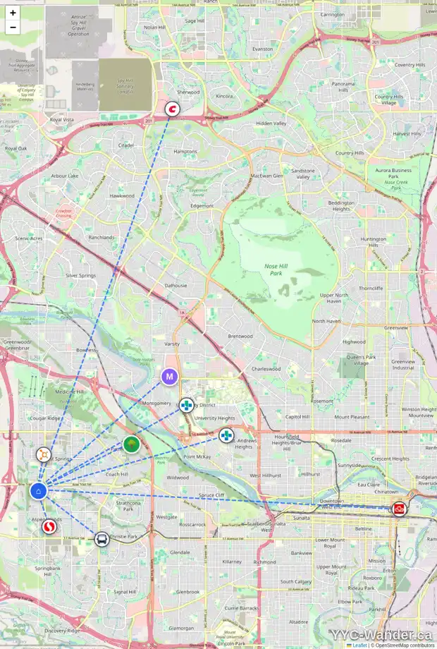 Daily accessibility map for 210 ASPEN STONE WY SW, Calgary showing nearby schools, grocery stores, parks, LRT stations and nearby amenities