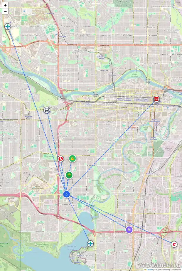 Daily accessibility map for 5022 21A ST SW, Calgary showing nearby schools, grocery stores, parks, LRT stations and nearby amenities