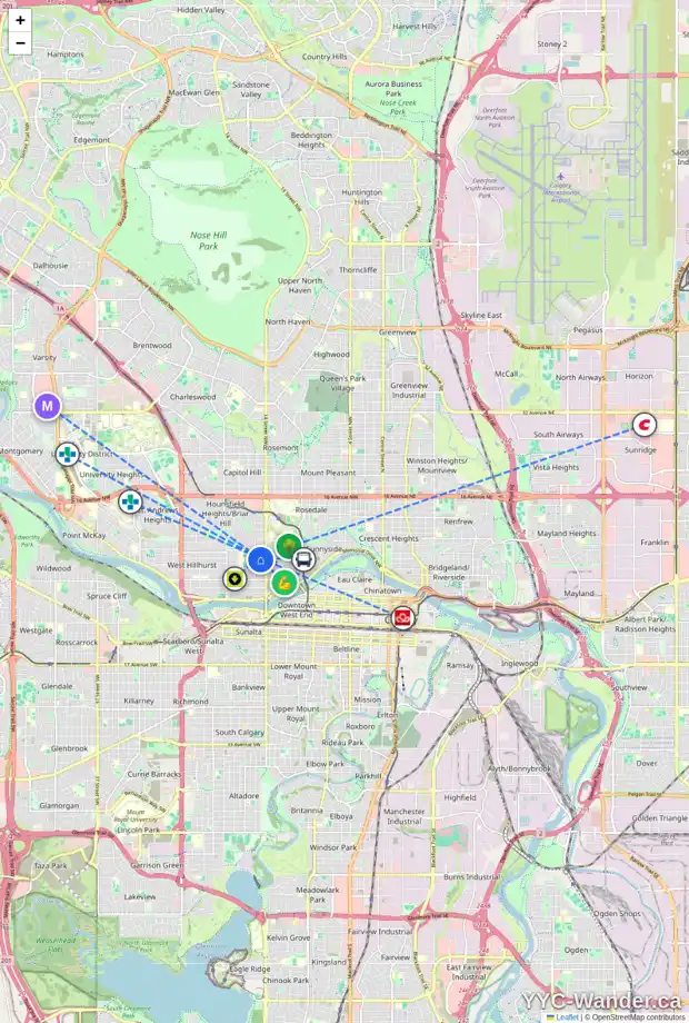 Daily accessibility map for 429 15 ST NW, Calgary showing nearby schools, grocery stores, parks, LRT stations and nearby amenities