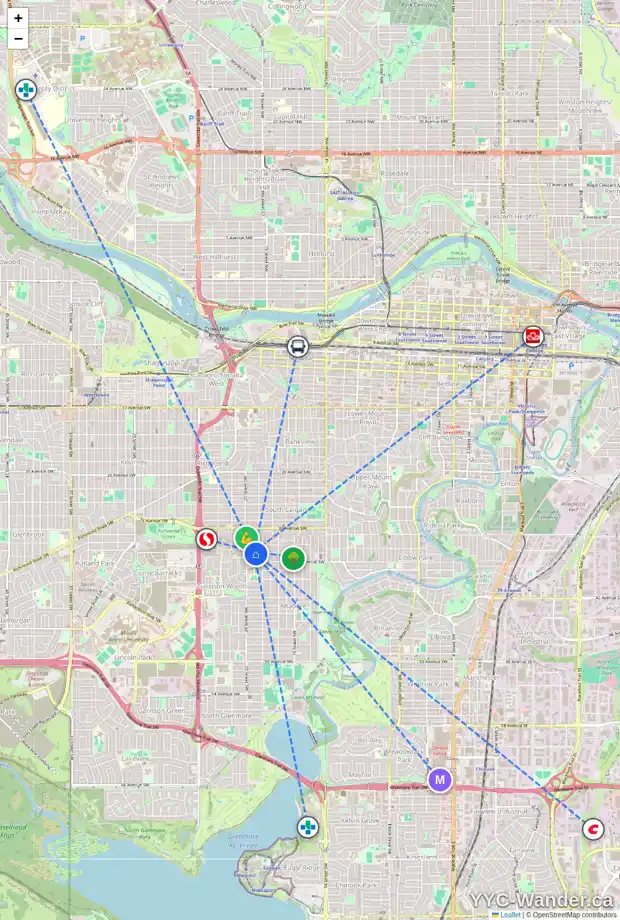 Daily accessibility map for 2025 36 AV SW, Calgary showing nearby schools, grocery stores, parks, LRT stations and nearby amenities