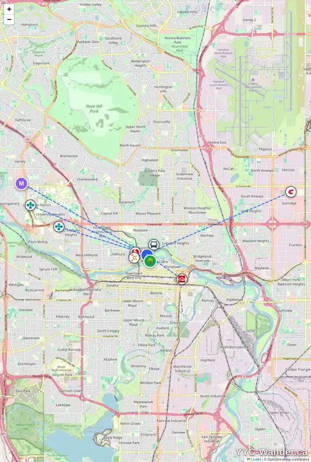Daily accessibility map for I 822 MEMORIAL DR NW, Calgary showing nearby schools, grocery stores, parks, LRT stations and nearby amenities