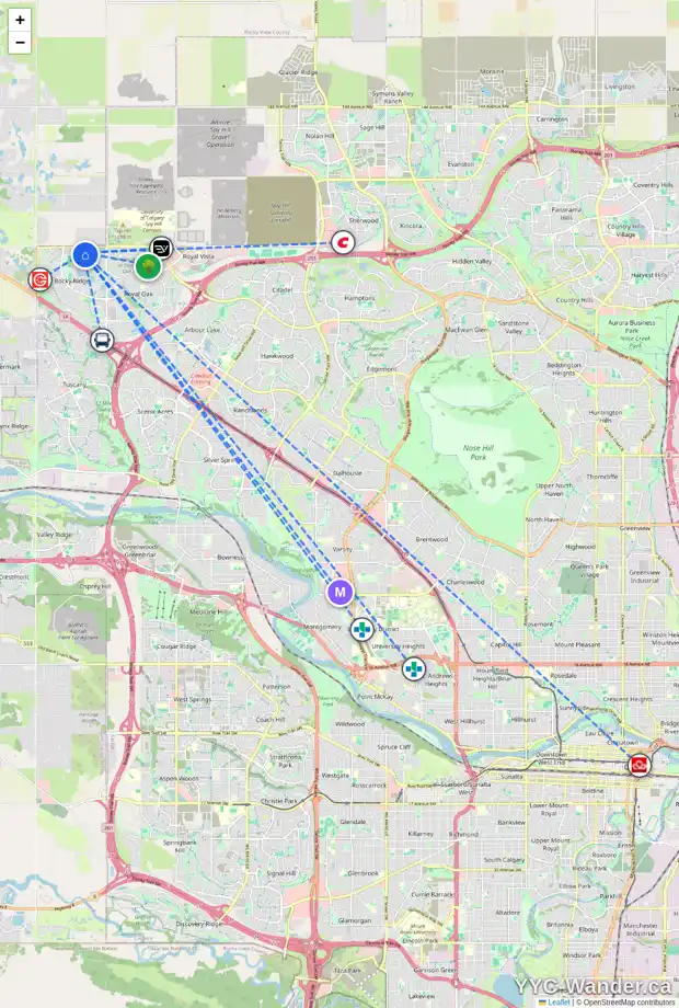 Daily accessibility map for 16 ROCKCLIFF HL NW, Calgary showing nearby schools, grocery stores, parks, LRT stations and nearby amenities