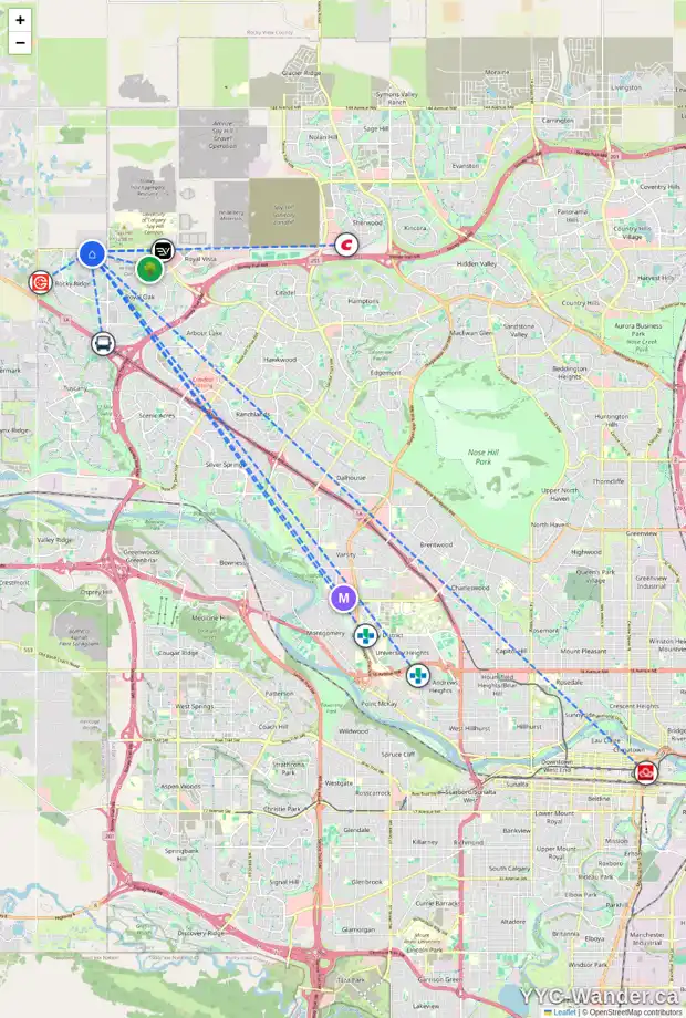 Daily accessibility map for 102 ROCKCLIFF TC NW, Calgary showing nearby schools, grocery stores, parks, LRT stations and nearby amenities
