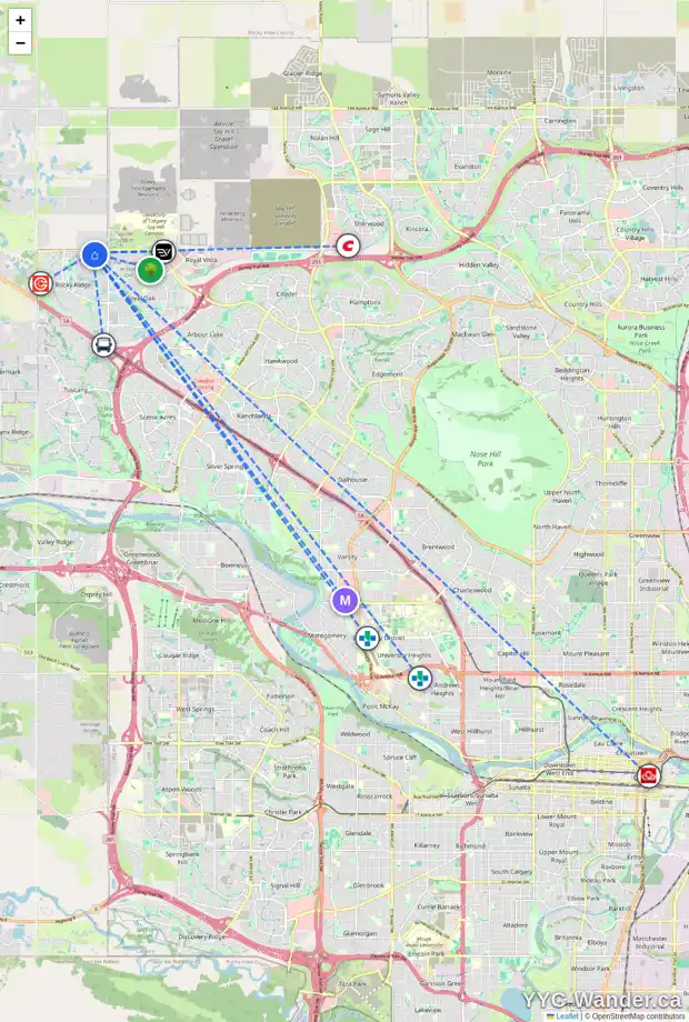 Daily accessibility map for 101 ROCKCLIFF TC NW, Calgary showing nearby schools, grocery stores, parks, LRT stations and nearby amenities
