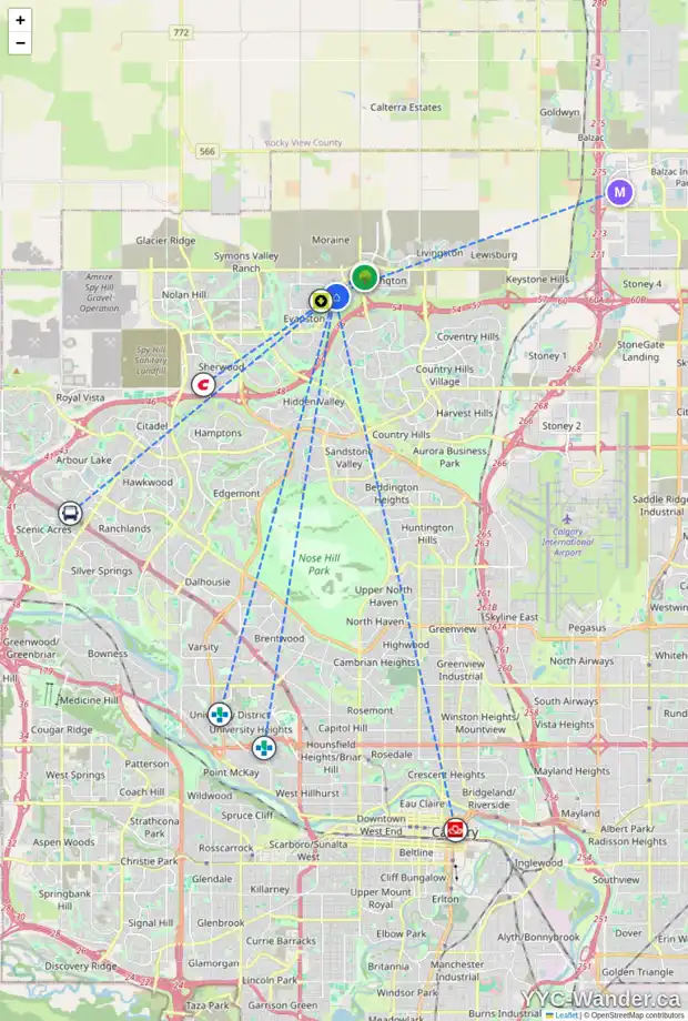 Daily accessibility map for 47 EVANSGLEN CO NW, Calgary showing nearby schools, grocery stores, parks, LRT stations and nearby amenities