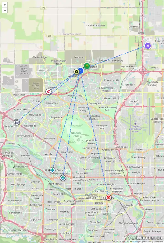 Daily accessibility map for 184 EVANSGLEN CL NW, Calgary showing nearby schools, grocery stores, parks, LRT stations and nearby amenities