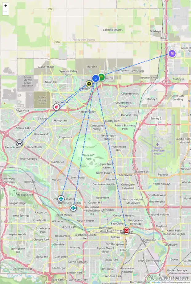 Daily accessibility map for 504 EVANSTON LI NW, Calgary showing nearby schools, grocery stores, parks, LRT stations and nearby amenities
