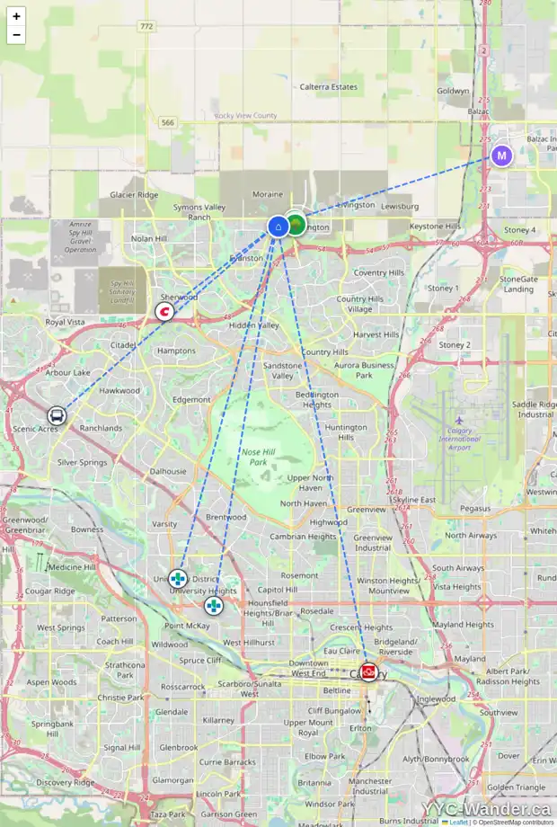 Daily accessibility map for 536 EVANSTON LI NW, Calgary showing nearby schools, grocery stores, parks, LRT stations and nearby amenities