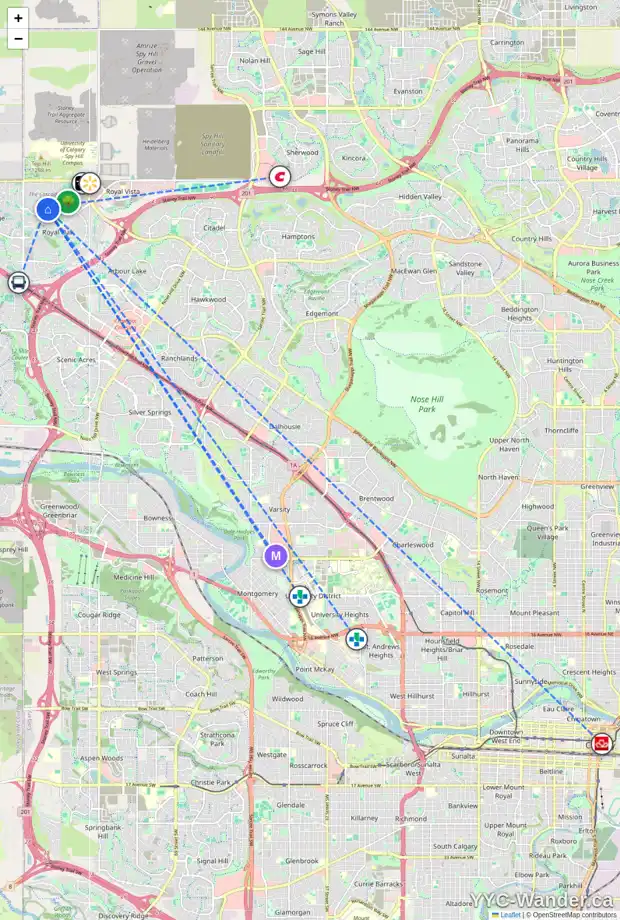 Daily accessibility map for 131 ROYAL OAK ME NW, Calgary showing nearby schools, grocery stores, parks, LRT stations and nearby amenities