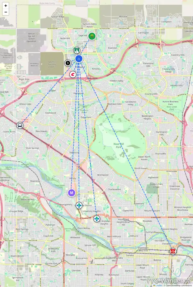 Daily accessibility map for 147 SHERWOOD SQ NW, Calgary showing nearby schools, grocery stores, parks, LRT stations and nearby amenities