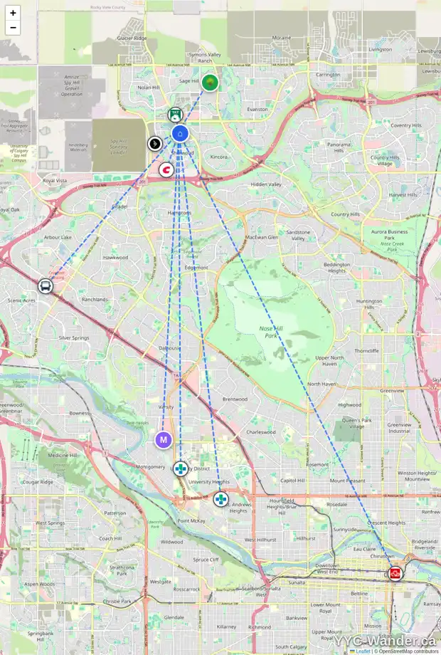 Daily accessibility map for 155 SHERWOOD SQ NW, Calgary showing nearby schools, grocery stores, parks, LRT stations and nearby amenities