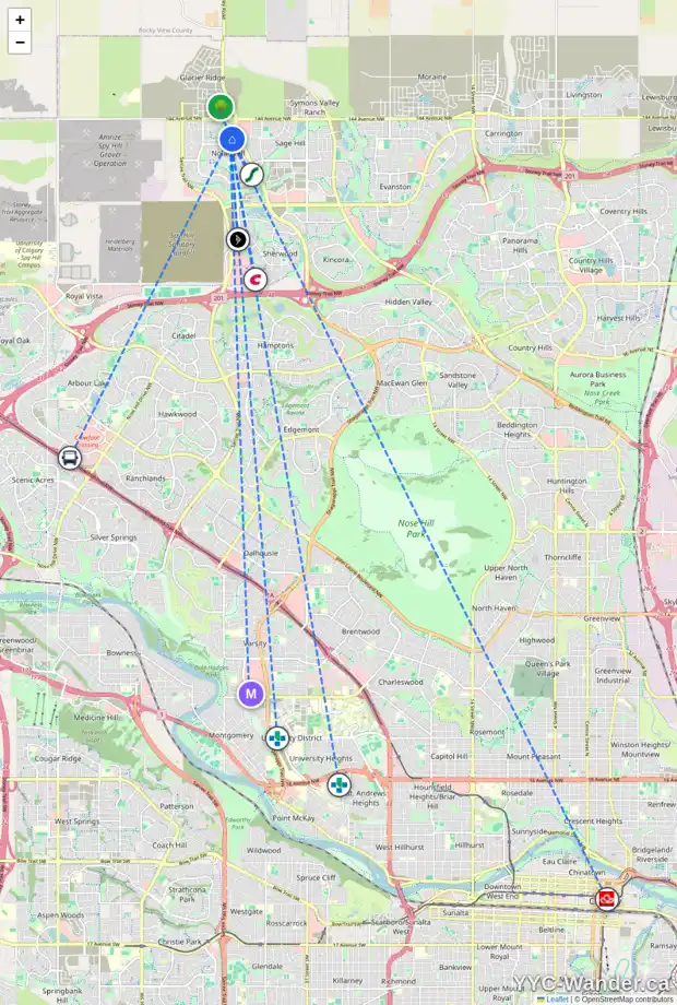 Daily accessibility map for 98 NOLANFIELD CR NW, Calgary showing nearby schools, grocery stores, parks, LRT stations and nearby amenities