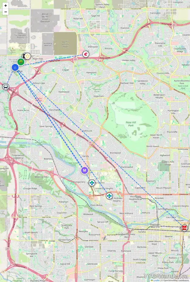 Daily accessibility map for 70 ROYAL OAK CR NW, Calgary showing nearby schools, grocery stores, parks, LRT stations and nearby amenities