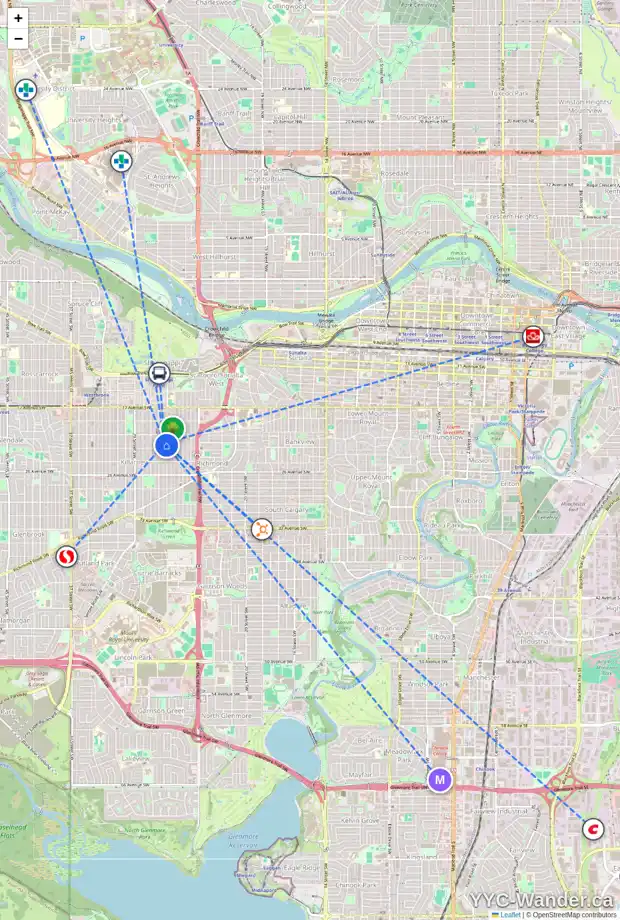 Daily accessibility map for 2229 26 ST SW, Calgary showing nearby schools, grocery stores, parks, LRT stations and nearby amenities