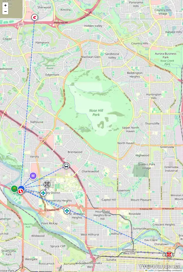 Daily accessibility map for 5107 18 AV NW, Calgary showing nearby schools, grocery stores, parks, LRT stations and nearby amenities