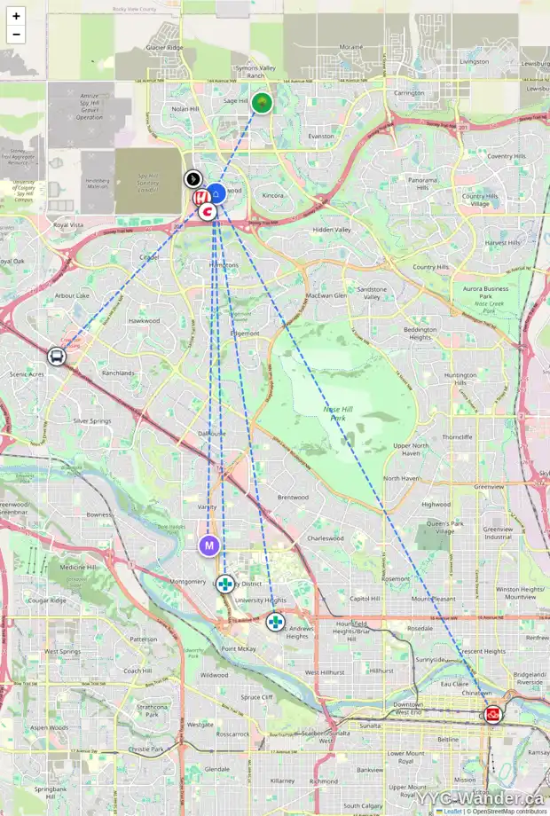 Daily accessibility map for 310 SHERWOOD PL NW, Calgary showing nearby schools, grocery stores, parks, LRT stations and nearby amenities
