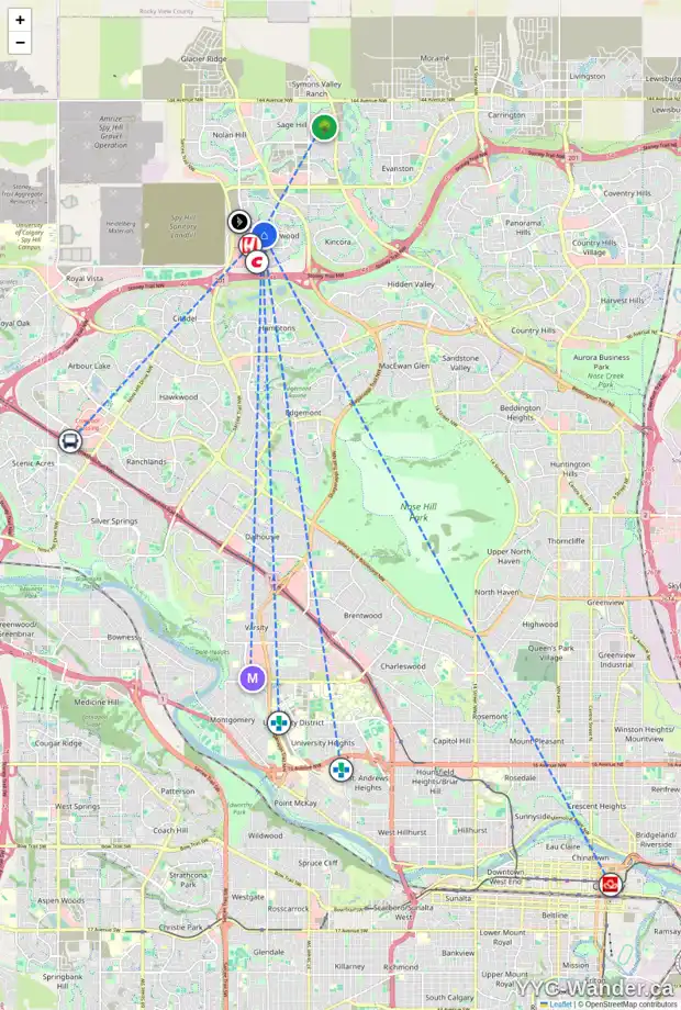 Daily accessibility map for 208 SHERWOOD PL NW, Calgary showing nearby schools, grocery stores, parks, LRT stations and nearby amenities
