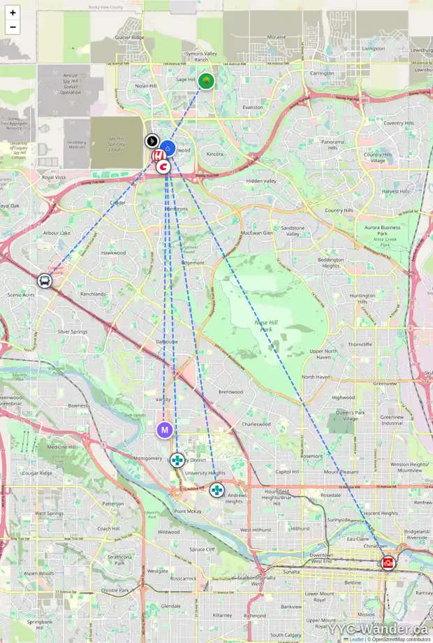 Daily accessibility map for 264 SHERWOOD PL NW, Calgary showing nearby schools, grocery stores, parks, LRT stations and nearby amenities