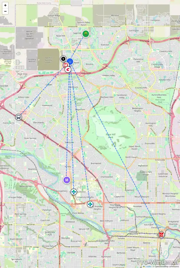 Daily accessibility map for 260 SHERWOOD PL NW, Calgary showing nearby schools, grocery stores, parks, LRT stations and nearby amenities