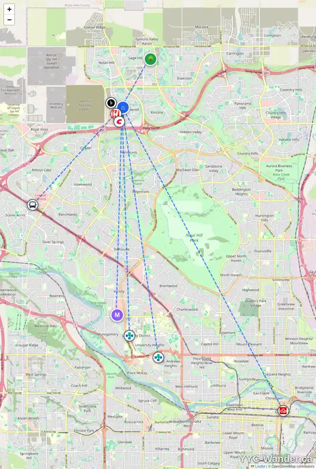 Daily accessibility map for 252 SHERWOOD PL NW, Calgary showing nearby schools, grocery stores, parks, LRT stations and nearby amenities