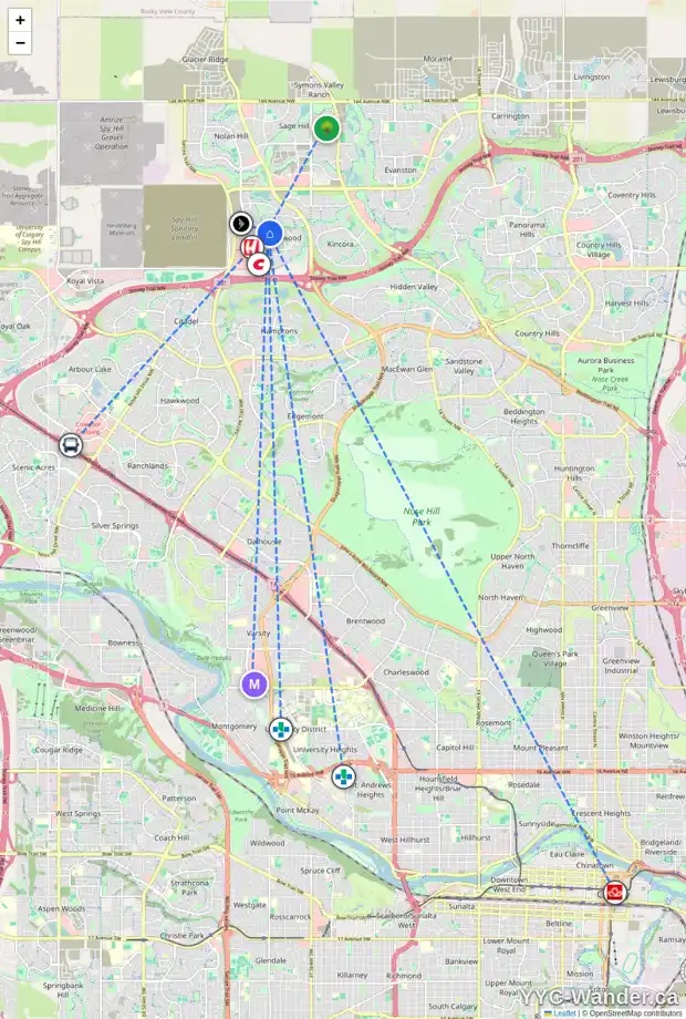 Daily accessibility map for 240 SHERWOOD PL NW, Calgary showing nearby schools, grocery stores, parks, LRT stations and nearby amenities