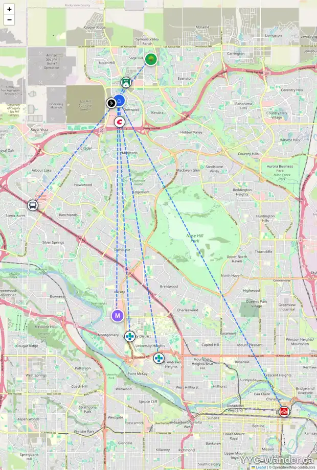 Daily accessibility map for 211 SHERVIEW GV NW, Calgary showing nearby schools, grocery stores, parks, LRT stations and nearby amenities