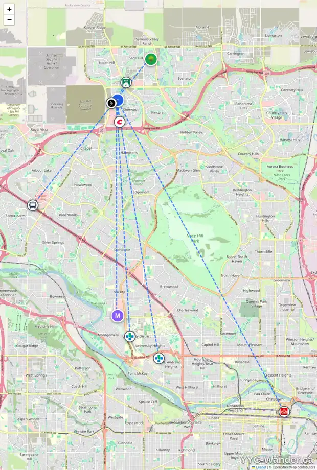Daily accessibility map for 195 SHERVIEW GV NW, Calgary showing nearby schools, grocery stores, parks, LRT stations and nearby amenities