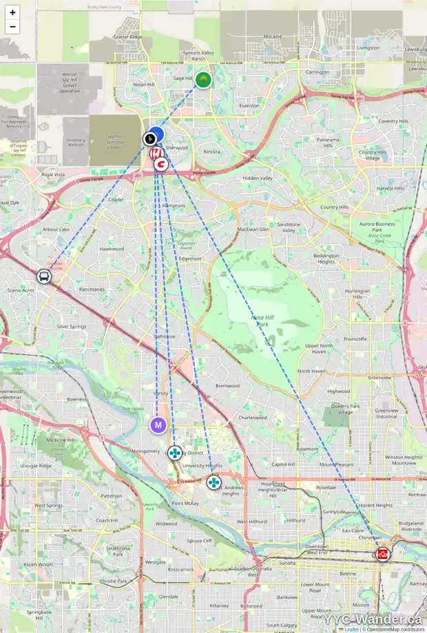 Daily accessibility map for 167 SHERVIEW GV NW, Calgary showing nearby schools, grocery stores, parks, LRT stations and nearby amenities