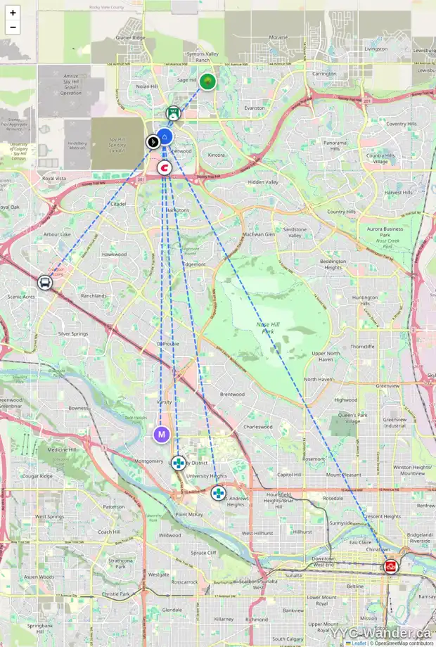 Daily accessibility map for 231 SHERVIEW GV NW, Calgary showing nearby schools, grocery stores, parks, LRT stations and nearby amenities