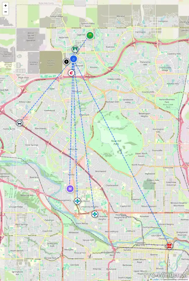 Daily accessibility map for 103 SHERVIEW PT NW, Calgary showing nearby schools, grocery stores, parks, LRT stations and nearby amenities