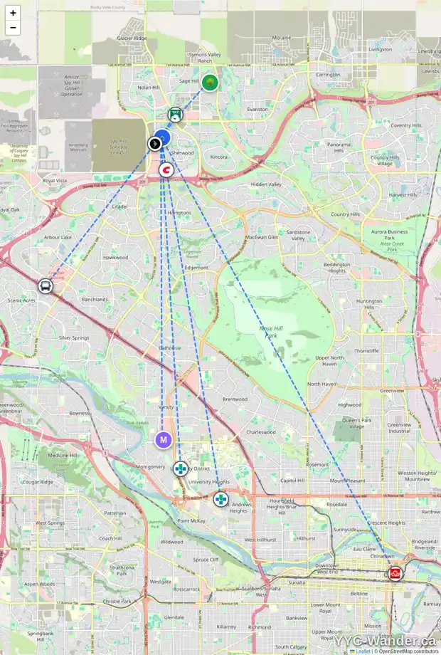 Daily accessibility map for 180 SHERVIEW GV NW, Calgary showing nearby schools, grocery stores, parks, LRT stations and nearby amenities