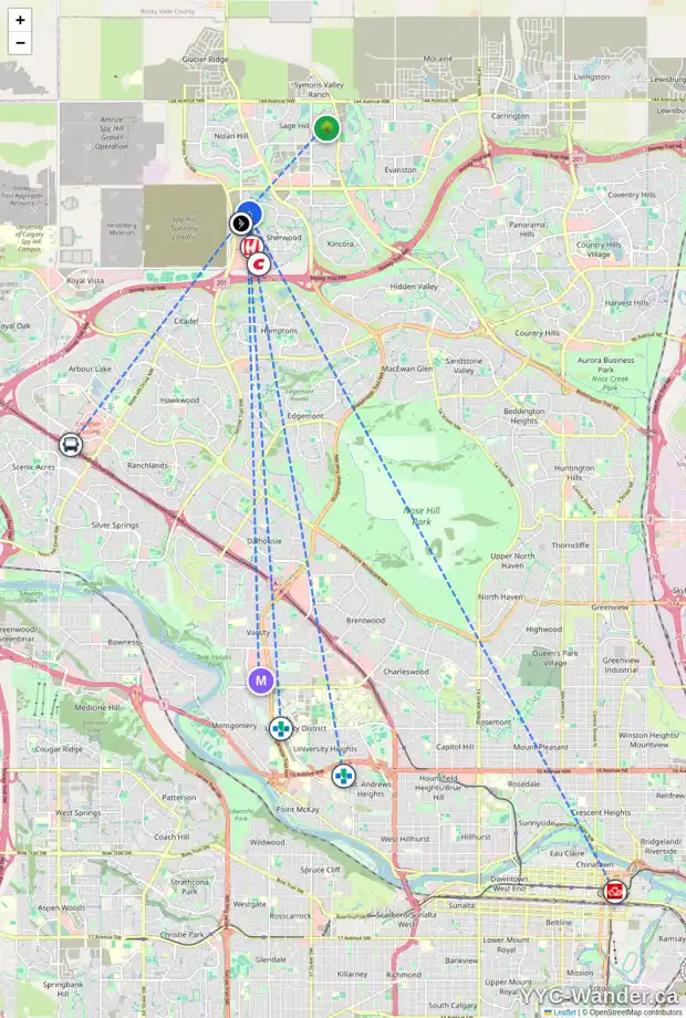 Daily accessibility map for 160 SHERVIEW GV NW, Calgary showing nearby schools, grocery stores, parks, LRT stations and nearby amenities