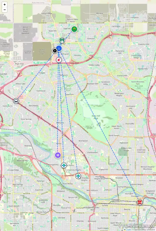 Daily accessibility map for 239 SHERVIEW GV NW, Calgary showing nearby schools, grocery stores, parks, LRT stations and nearby amenities