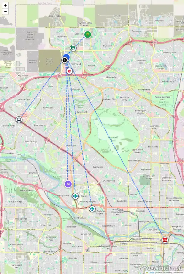 Daily accessibility map for 131 SHERVIEW GV NW, Calgary showing nearby schools, grocery stores, parks, LRT stations and nearby amenities