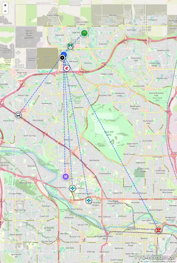 Daily accessibility map for 127 SHERVIEW GV NW, Calgary showing nearby schools, grocery stores, parks, LRT stations and nearby amenities