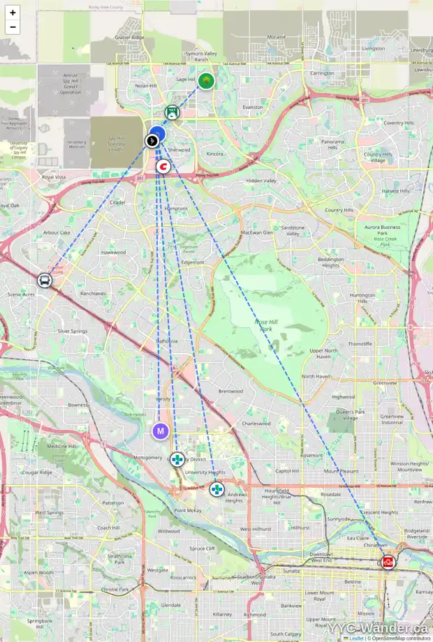 Daily accessibility map for 52 SHERVIEW GV NW, Calgary showing nearby schools, grocery stores, parks, LRT stations and nearby amenities